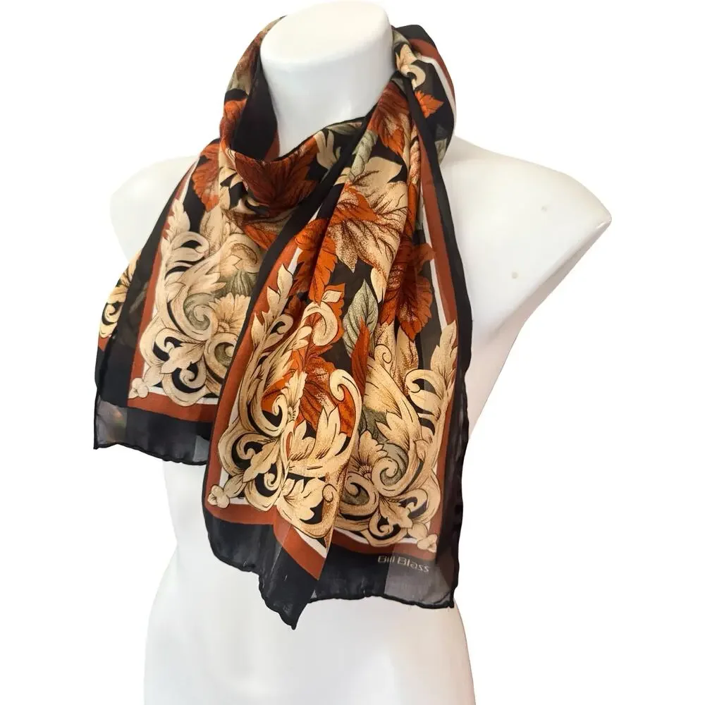 Vintage Bill Blass 80s Silk Autumn Leaf Print Scarf Black Rust 13x56